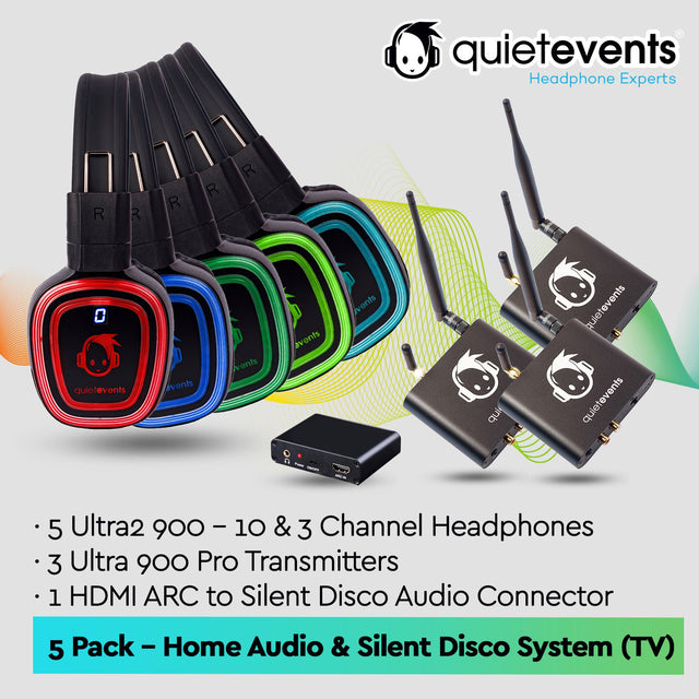 QuietEvents home audio and silent disco system with headphones and transmitters on a white background.
