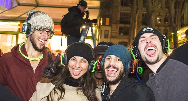 Cold outdoor party with headphones